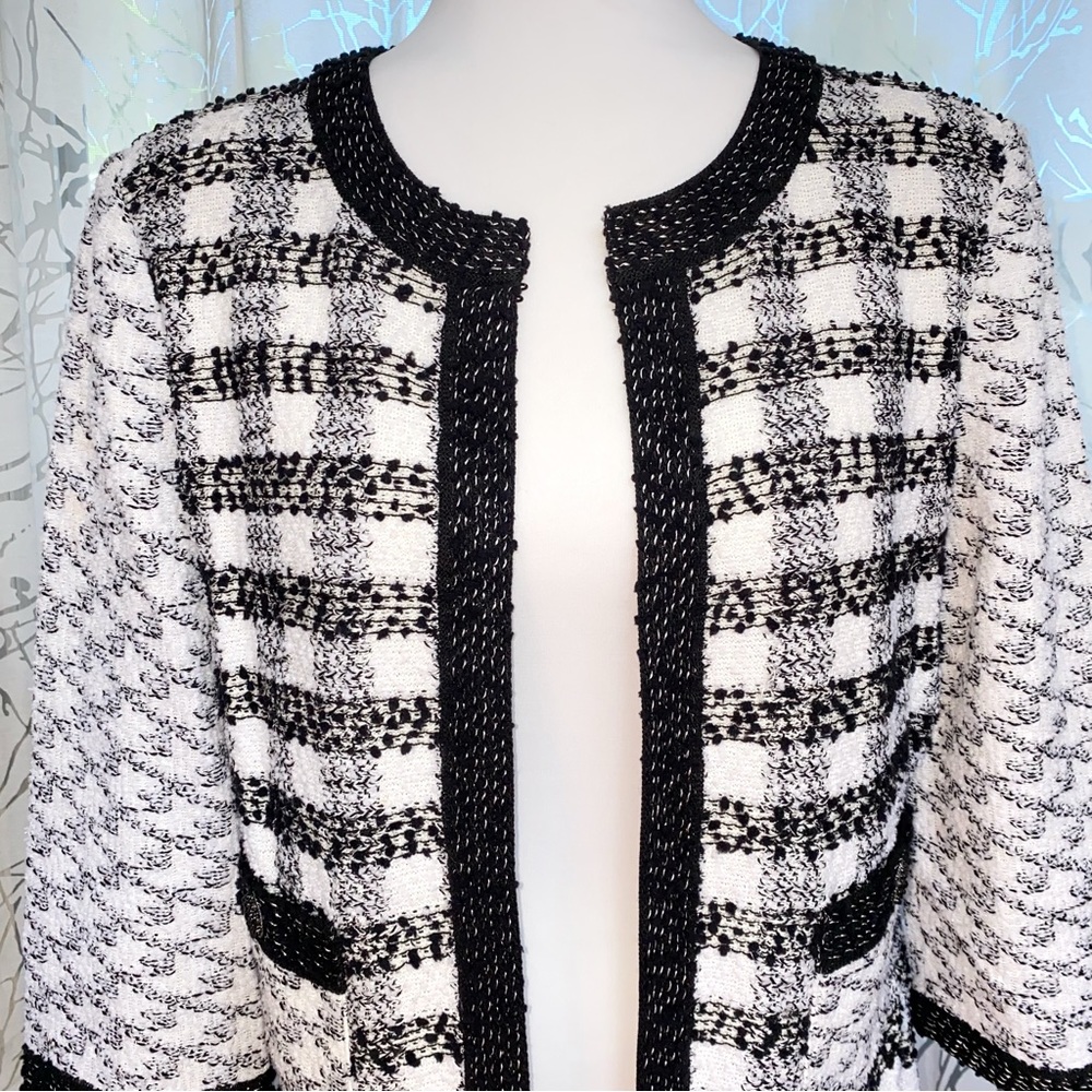 ST. JOHN black white checker print tweed long sleeves open front cardigan jacket - Picture 4 of 13